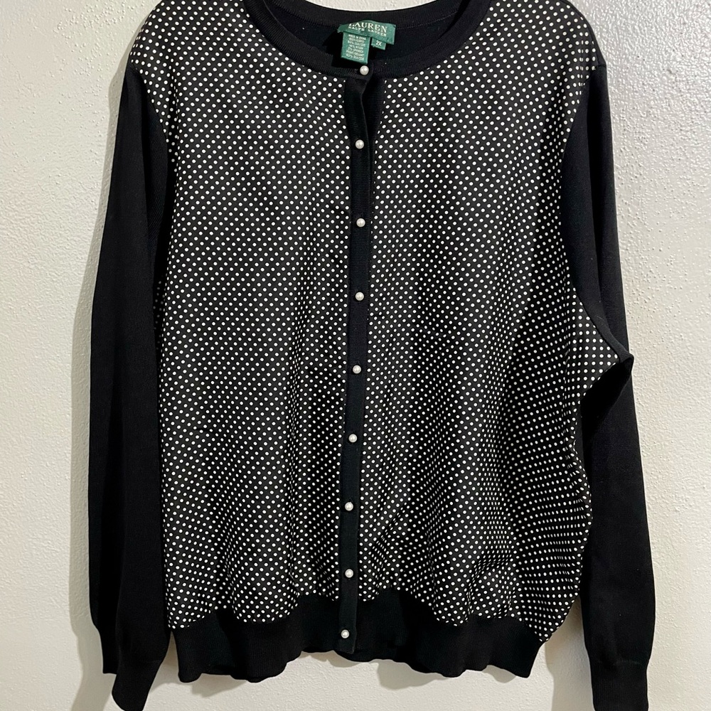 Lauren Ralph Lauren XL Black Polka Dot Silk Cashmere Cardigan Sweater Classic